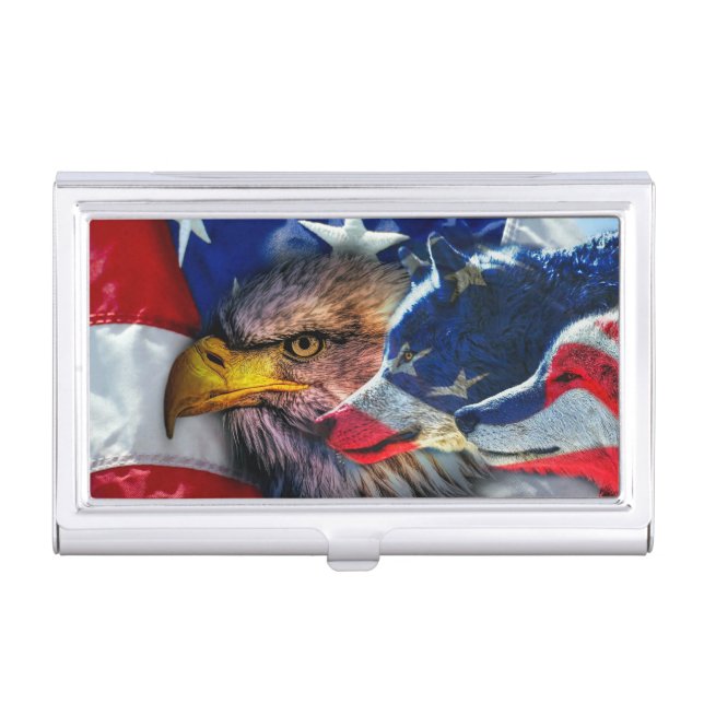 Bald Eagle Wolf American Flag Business Card Case (Front)