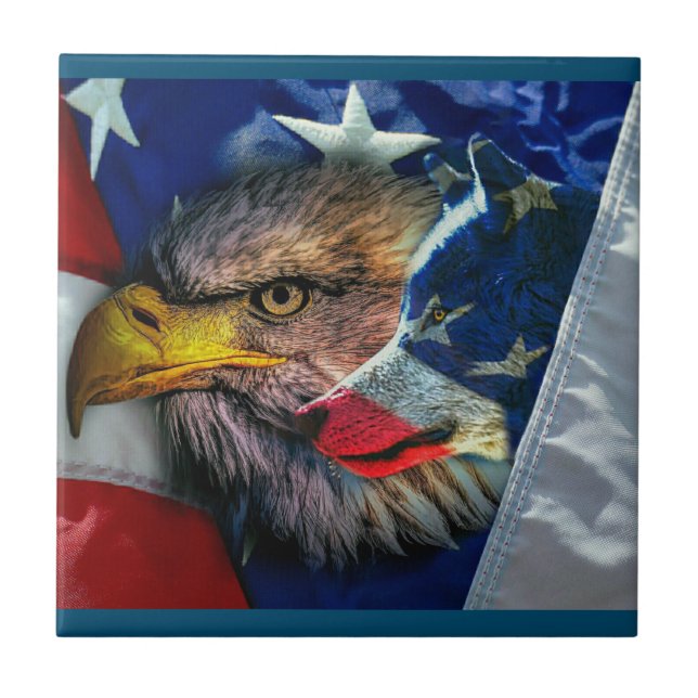Bald Eagle Wolf American Flag Ceramic Tile (Front)