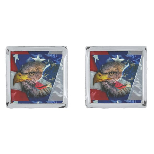 Bald Eagle Wolf American Flag Cufflinks (Front)