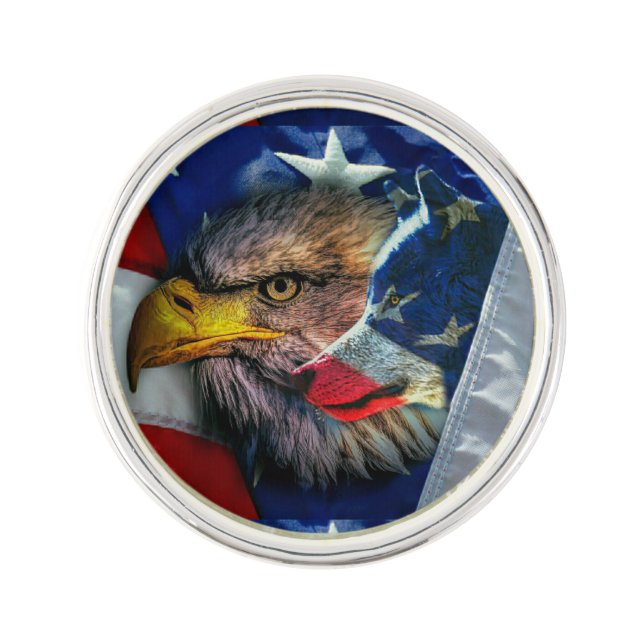 Bald Eagle Wolf American Flag Lapel Pin (Front)