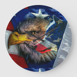 Bald Eagle Wolf American Flag Large Clock