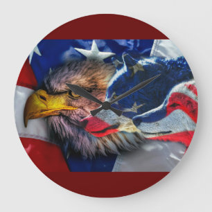 Bald Eagle Wolf American Flag Large Clock