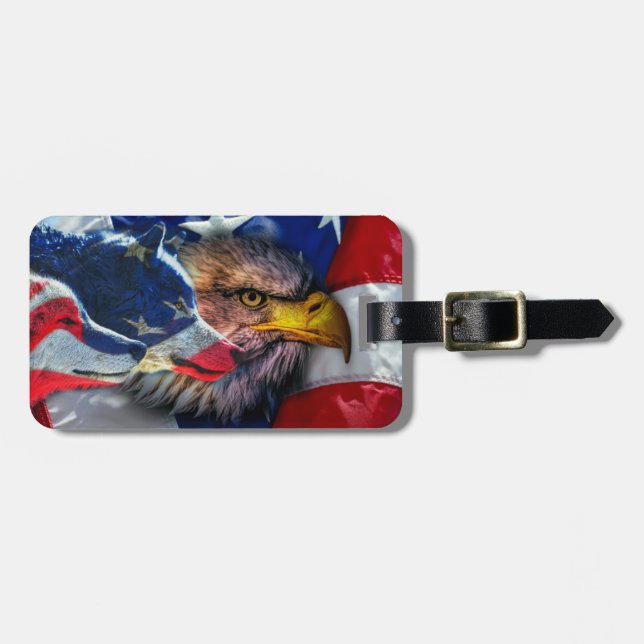 Bald Eagle Wolf American Flag Luggage Tag (Front Horizontal)