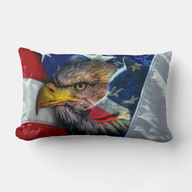 Bald Eagle Wolf American Flag Lumbar Pillow (Front)