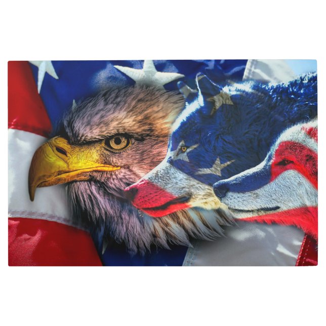 Bald Eagle Wolf American Flag Metal Print (Front)