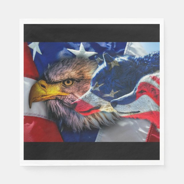 Bald Eagle Wolf American Flag Napkins (Front)