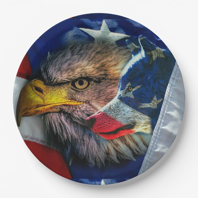 Bald Eagle Wolf American Flag Paper Plates (Front)