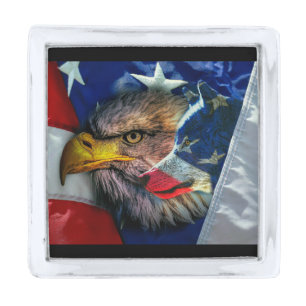 Bald Eagle Wolf American Flag Silver Finish Lapel Pin