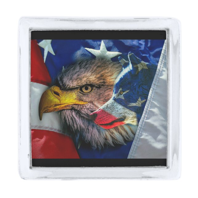 Bald Eagle Wolf American Flag Silver Finish Lapel Pin (Front)
