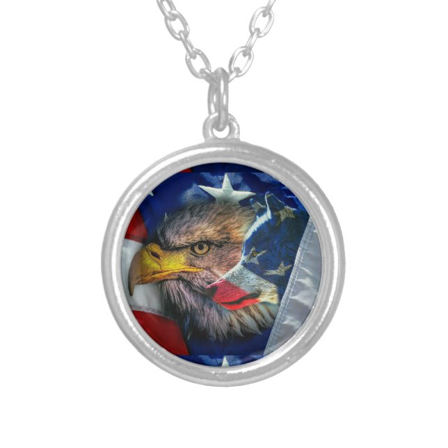 Bald Eagle Wolf American Flag Silver Plated Necklace (Front)