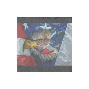 Bald Eagle Wolf American Flag Stone Magnet