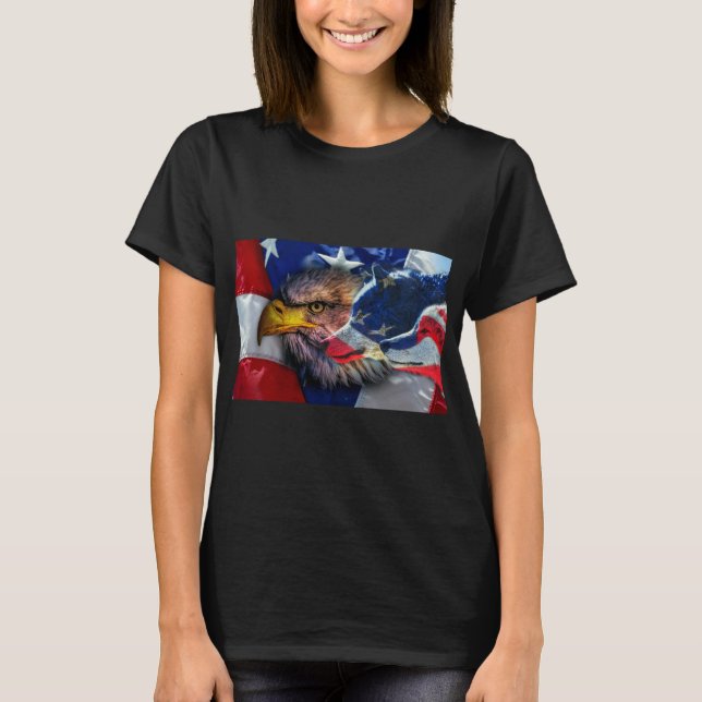 Bald Eagle Wolf American Flag T-Shirt (Front)