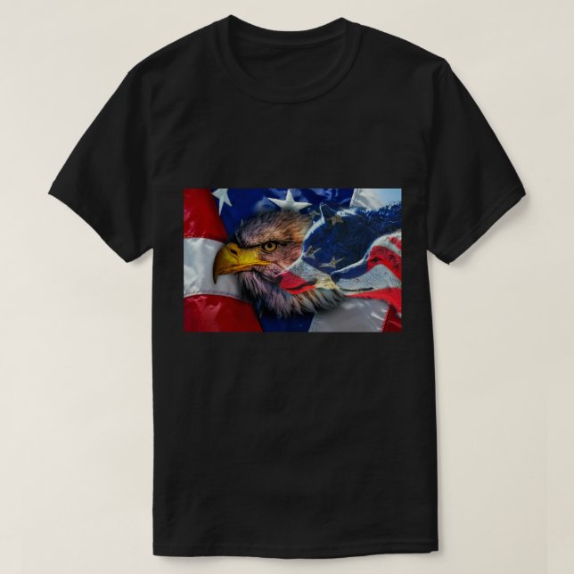 Bald Eagle Wolf American Flag T-Shirt (Design Front)