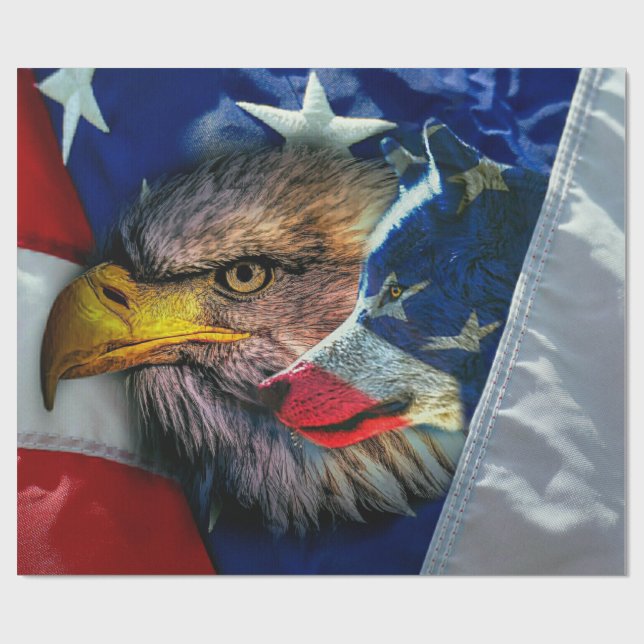 Bald Eagle Wolf American Flag Wrapping Paper (Flat)