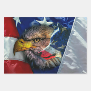Bald Eagle Wolf American Flag Wrapping Paper Sheets