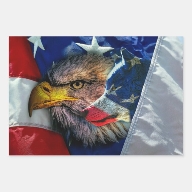 Bald Eagle Wolf American Flag Wrapping Paper Sheets (Front)