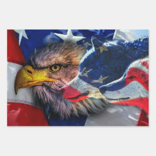 Bald Eagle Wolf American Flag Wrapping Paper Sheets