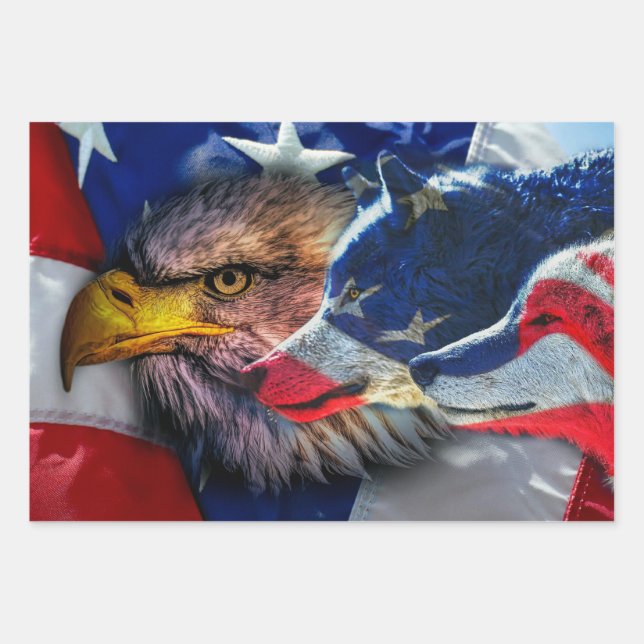 Bald Eagle Wolf American Flag Wrapping Paper Sheets (Front)