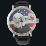 Bald eagles watch<br><div class="desc">Two bald eagles with an American flag background patriotic wrist watch</div>