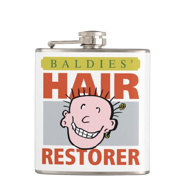 Bald Man Gift. Baldies Hair Restorer Flask (Front)