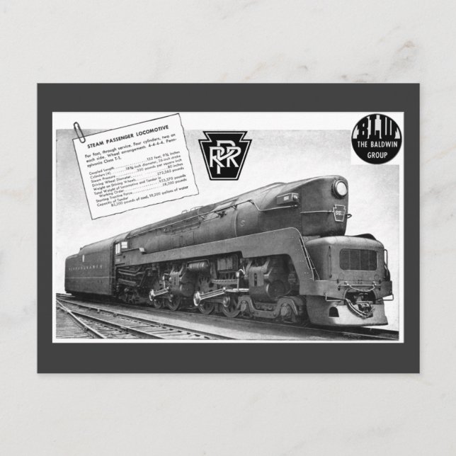 Baldwin-Pennsylvania Railroad T-1 Steam Locomotive Postcard (Front)