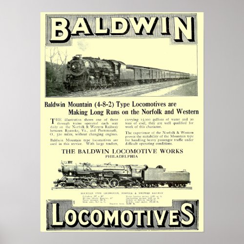 Baldwin Steam Locomotive Mountain Type in 1924 Poster