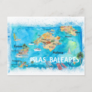 Balearic Islands Illustrated Travel Map Postcard