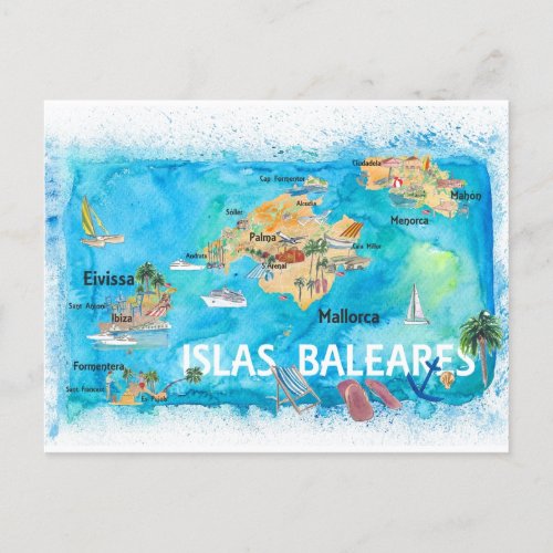 Balearic Islands Illustrated Travel Map  Postcard