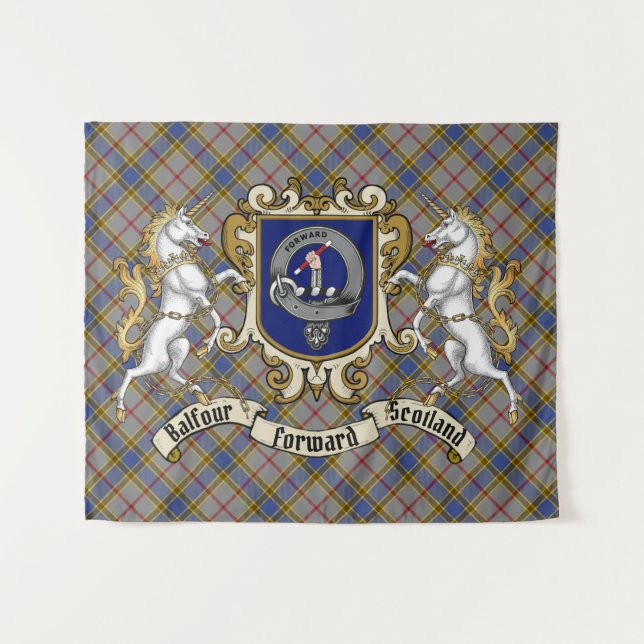 Balfour Clan Badge & Unicorns w/Tartan  Tapestry (Front (Horizontal))