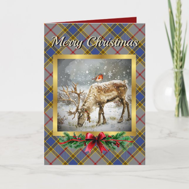 Balfour Stag & Robin Tartan Personalized  Holiday Card (Front)