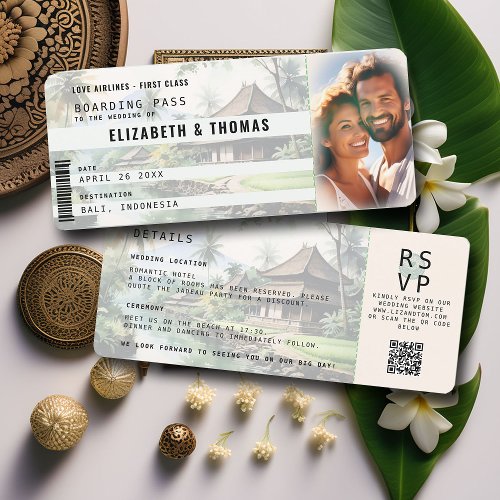 Bali Destination Boarding Pass Green Photo Wedding Invitation