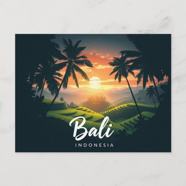 Bali Indonesia Palm Trees Rice Fields Sunset Postcard (Front)