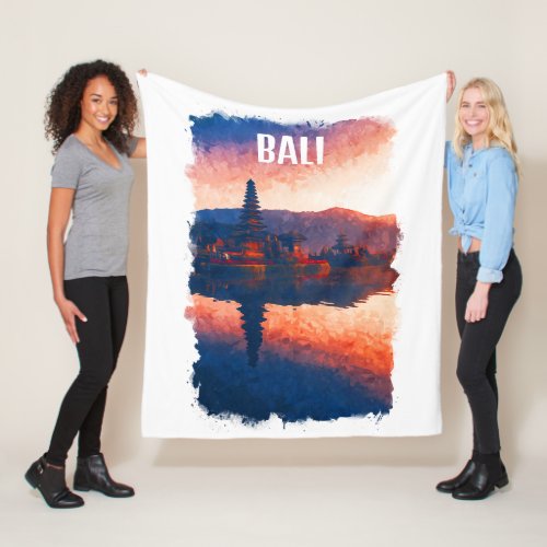 Bali Indonesia Ulun Danu Beratan Watercolor Fleece Blanket