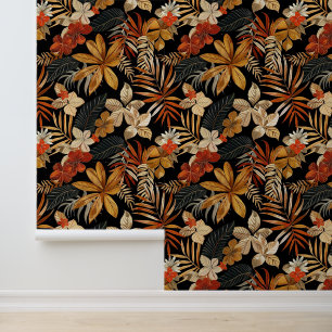 Bali style exotic flowers leaves luxury dark color wallpaper