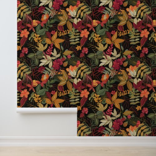 Bali style exotic flowers leaves luxury dark color wallpaper 