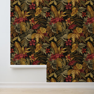 Bali style exotic flowers leaves luxury dark color wallpaper