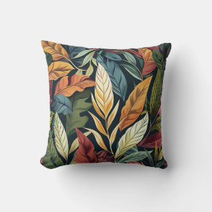 Bali style exotic plant leaves luxury deep color throw pillow