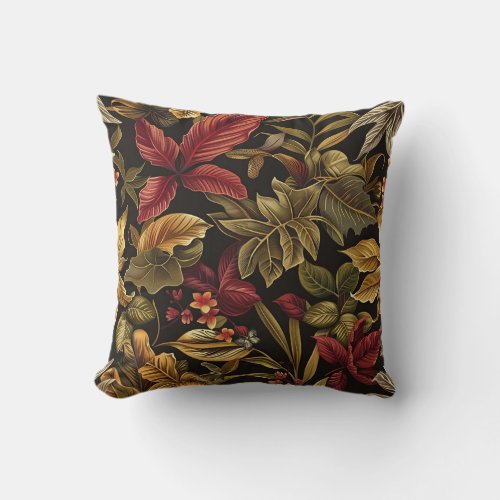 Bali style exotic plant leaves luxury deep color throw pillow