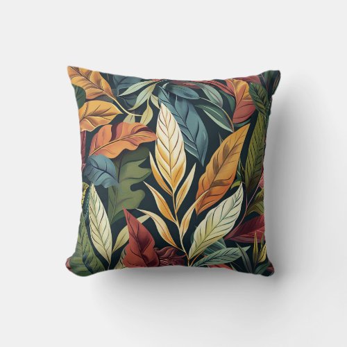 Bali style exotic plant leaves luxury deep color throw pillow