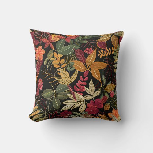 Bali style exotic plant leaves luxury deep color throw pillow