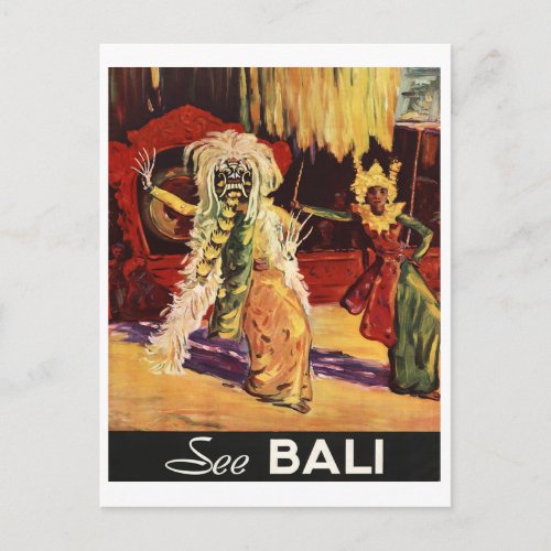 Bali traditional mask dance vintage travel postcard
