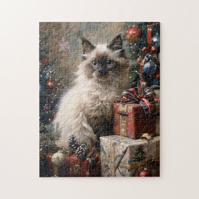 Balinese Kitten Christmas Cat Portrait Art Jigsaw Puzzle (Vertical)