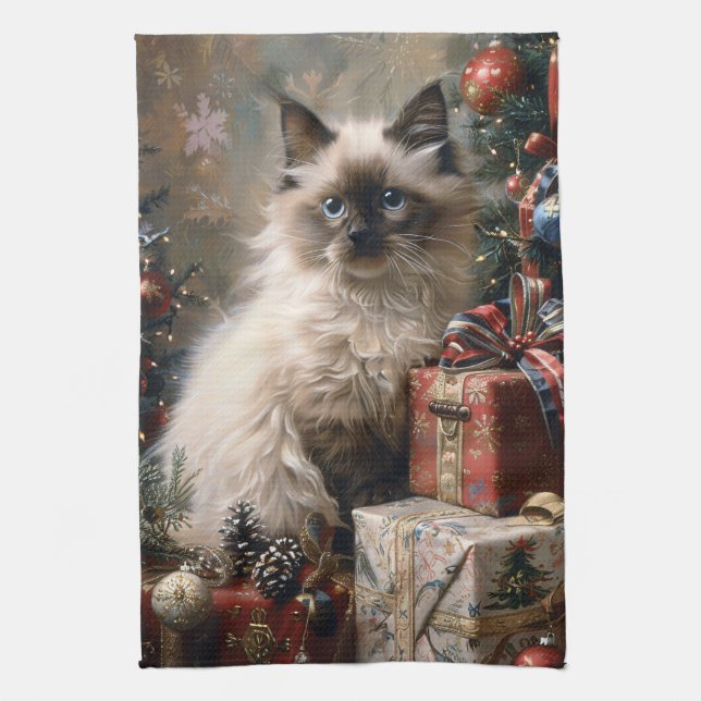 Balinese Kitten Christmas Cat Portrait Art Kitchen Towel (Vertical)