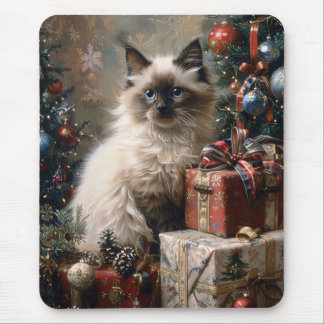 Balinese Kitten Christmas Cat Portrait Art Mouse Pad