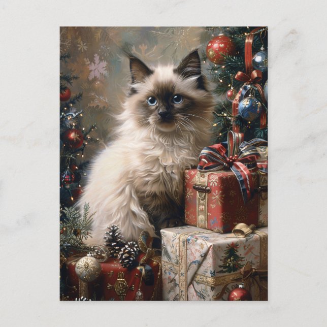 Balinese Kitten Christmas Cat Portrait Art Postcard (Front)