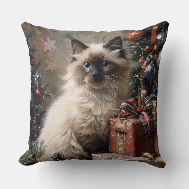 Balinese Kitten Christmas Cat Portrait Art Throw Pillow (Front)