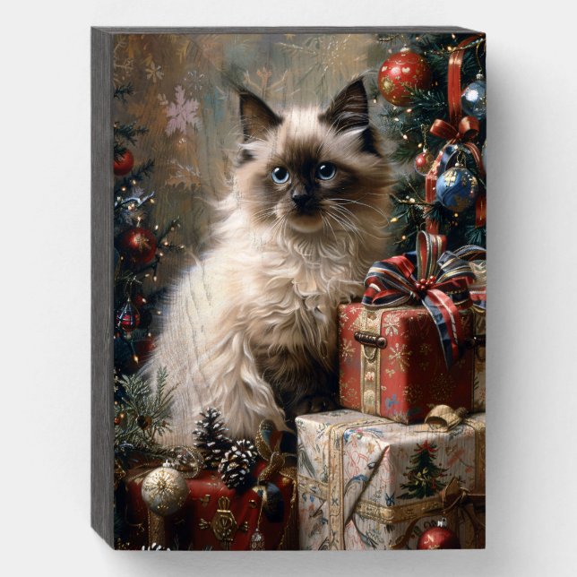 Balinese Kitten Christmas Cat Portrait Art Wooden Box Sign (Front Vertical)