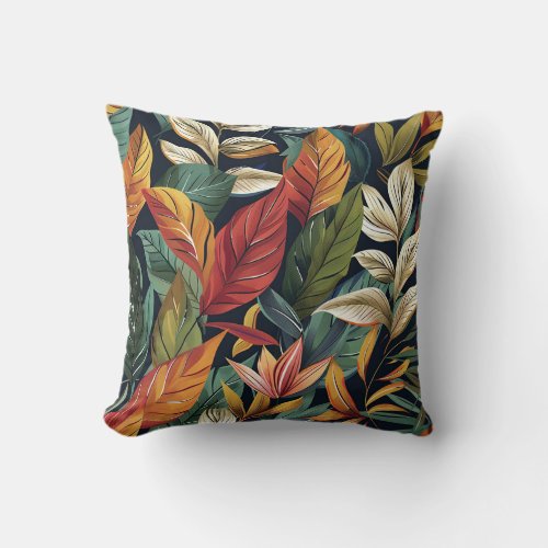 Balinese style exotic leaves luxury dark color throw pillow
