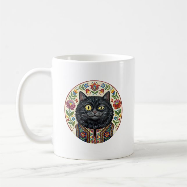 Balkan Folk Art Black Cat Coffee Mug (Left)