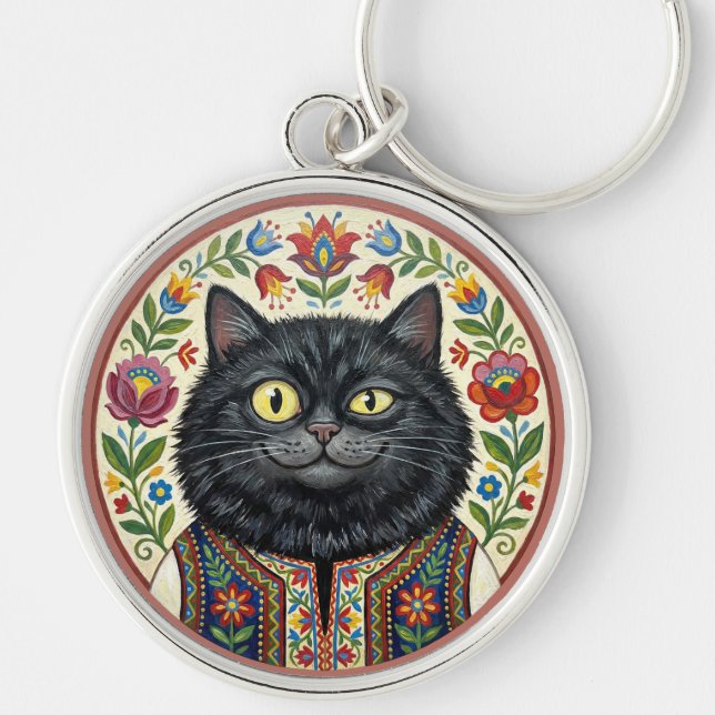 Balkan Folk Art Black Cat Keychain (Front)